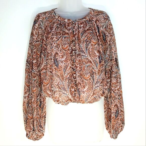 RACHEL ZOE Women’s Neutral Paisley Sheer Blouse Medium Boho Balloon Cropped - Picture 1 of 11